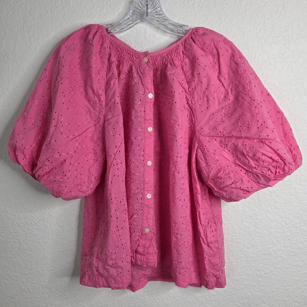 ON-34TH Eyelet Blouse XL Pink Puff Sleeve Cotton Cottagecore Romantic Boho